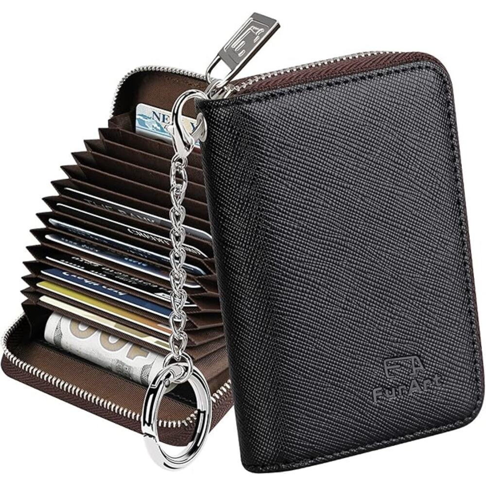 Wallet, RFID Blocking, Cash Credit Business Card Slots Zipper Keychain (Black)